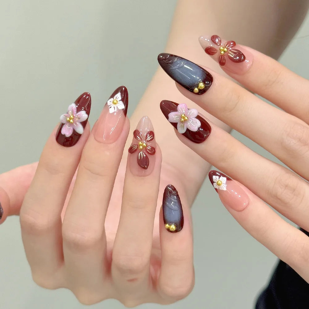 24Pcs Mid-length Almond Wine Red Detachable Nail Tips Full Cover Florals Rhinestone Decoration Artificial Fashion Acrylic Nails