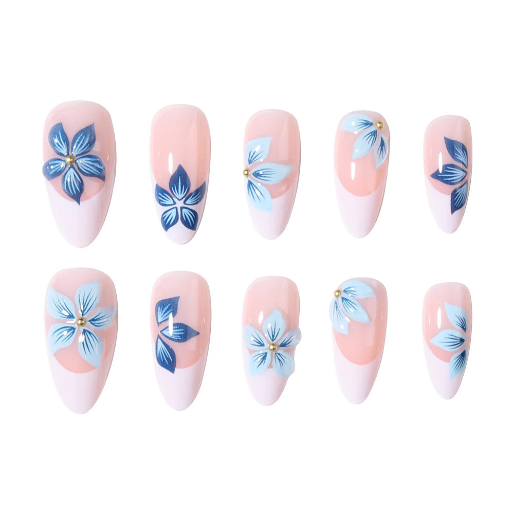 24pcs Almond 3d gel flower white French Tip Press On Nails , Fit Perfectly Acrylic False Nail set,contain 1pcs Jelly Glue and 1p
