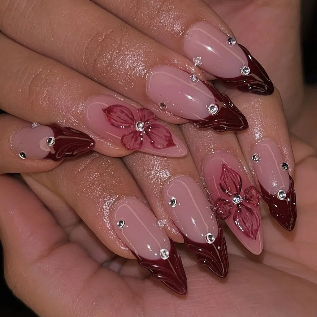 24Pcs Mid-length Almond Wine Red Detachable Nail Tips Full Cover Florals Rhinestone Decoration Artificial Fashion Acrylic Nails