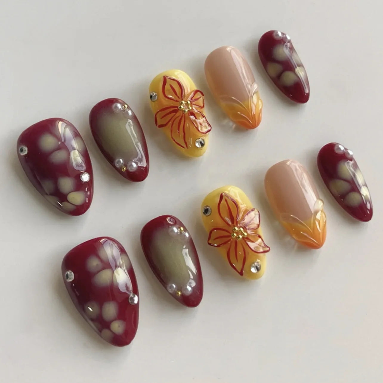 24Pcs Mid-length Almond Wine Red Detachable Nail Tips Full Cover Florals Rhinestone Decoration Artificial Fashion Acrylic Nails