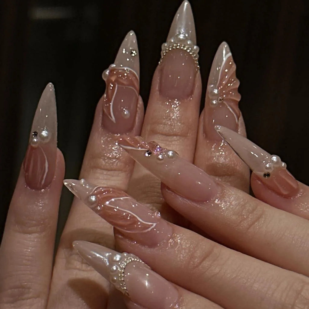 24pcs Fashion Rhinestone Press on Nails Tips with Pearl Design Long Almond False Nail Art Fishtail Pattern French Fake Nail Sets