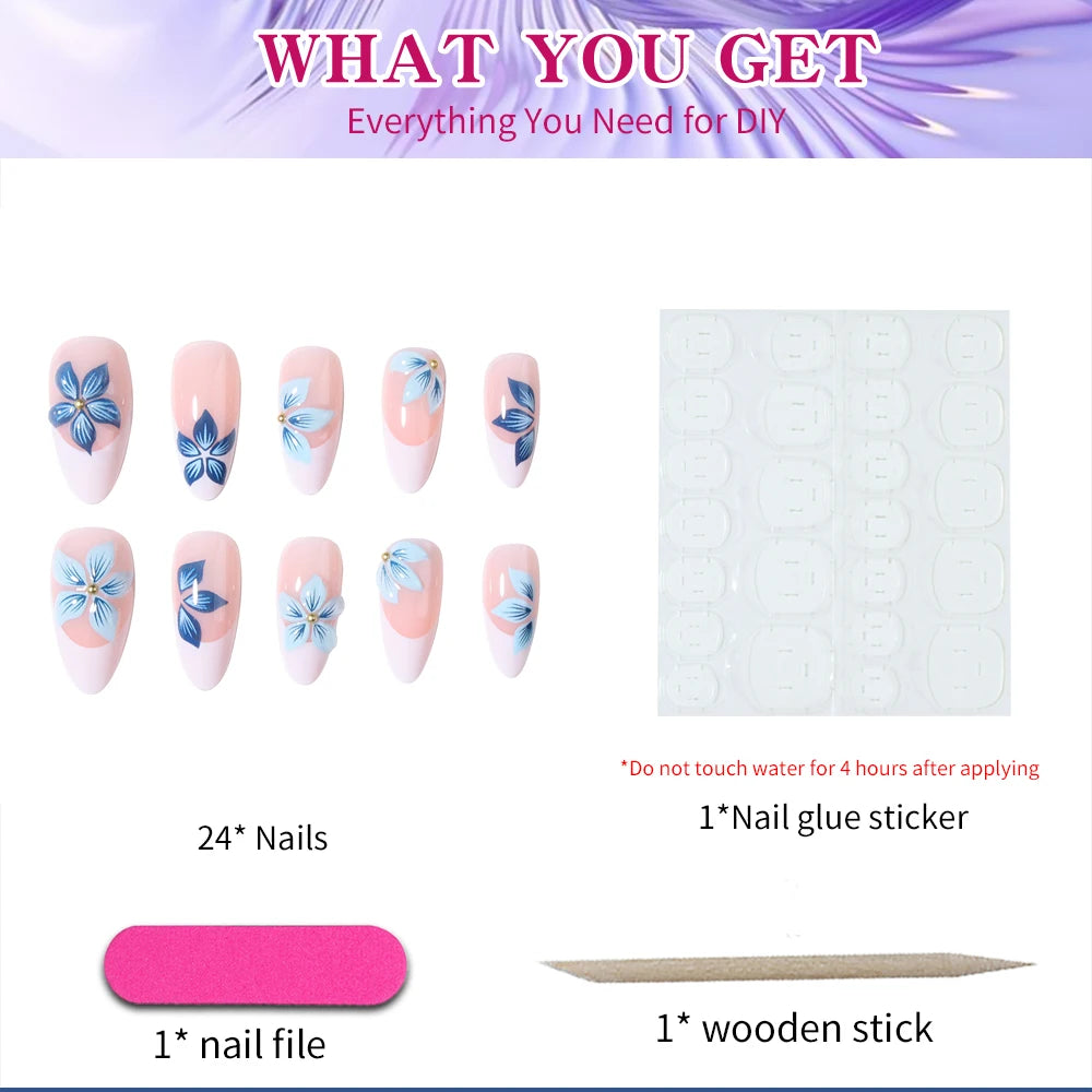 24pcs Almond 3d gel flower white French Tip Press On Nails , Fit Perfectly Acrylic False Nail set,contain 1pcs Jelly Glue and 1p